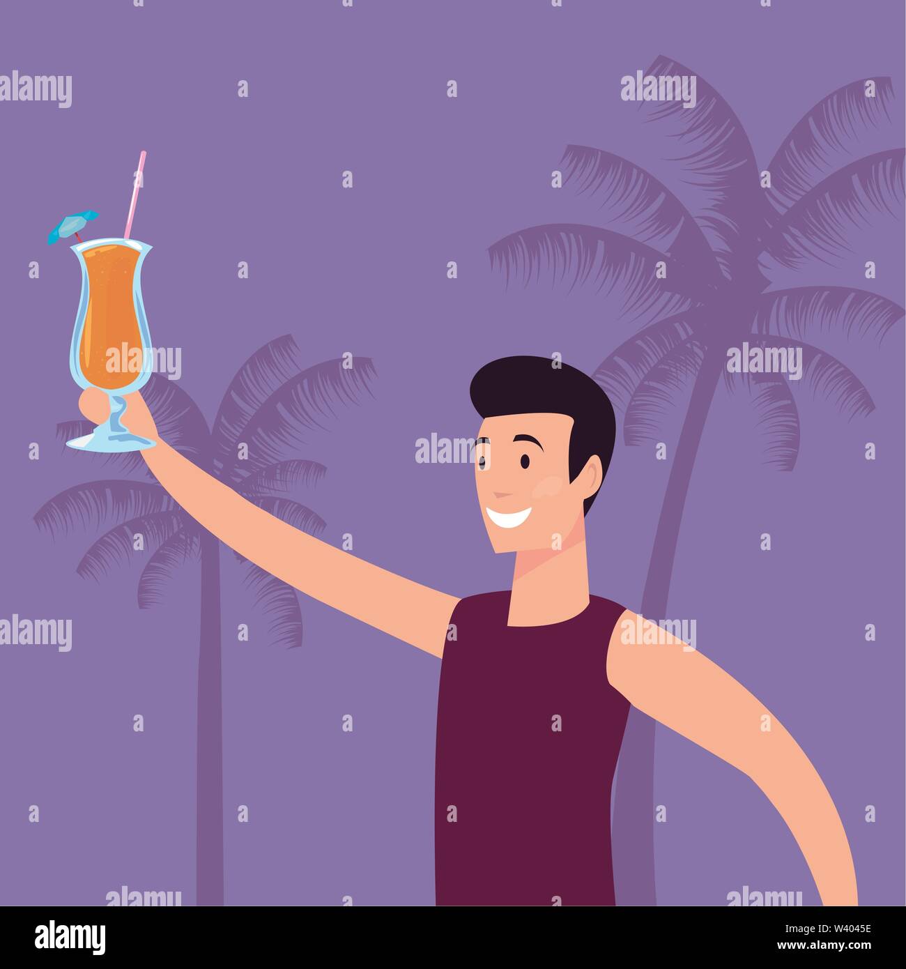 Man holding cocktail on palm tree background vector illustration Illustration de Vecteur