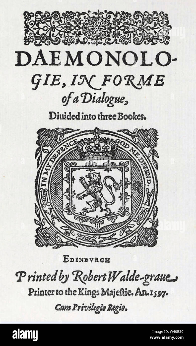 DEMONOLOGIE page de titre de l'édition 1597 originale par Jacques VI d'Écosse, futur Jacques Ier d'Angleterre Banque D'Images