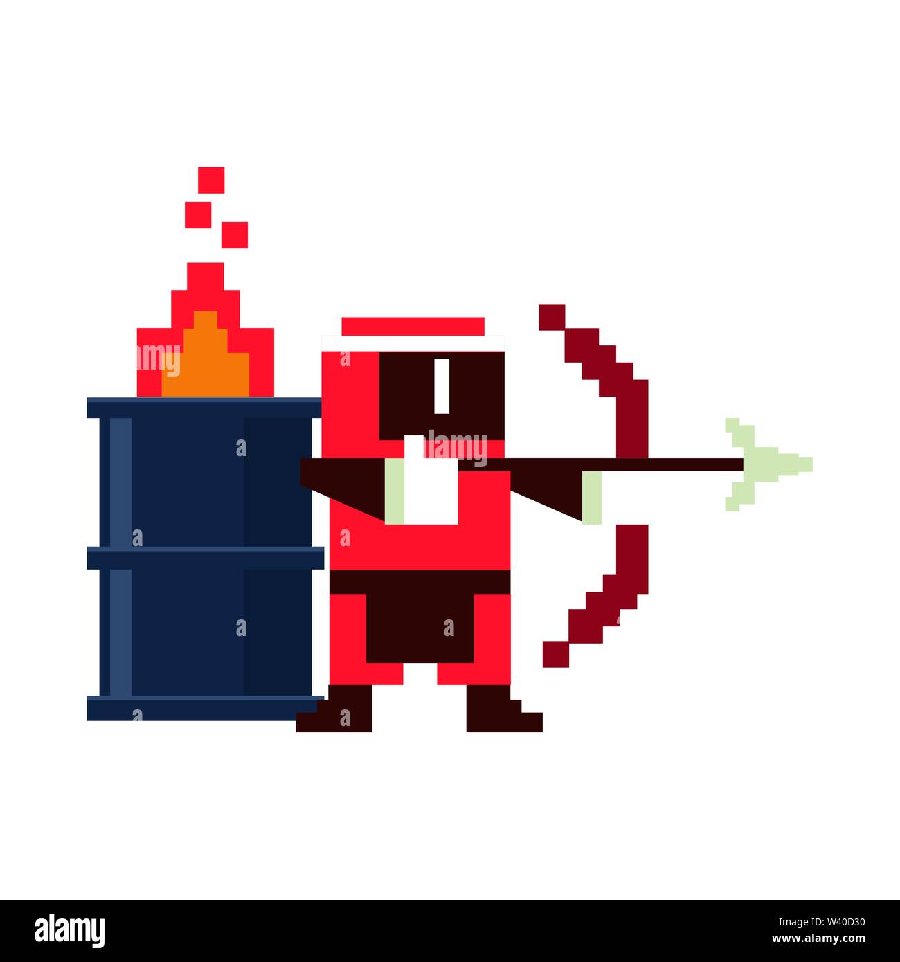 Pixelated jeu vidéo ninja avec arch et le corps en feu Illustration de Vecteur