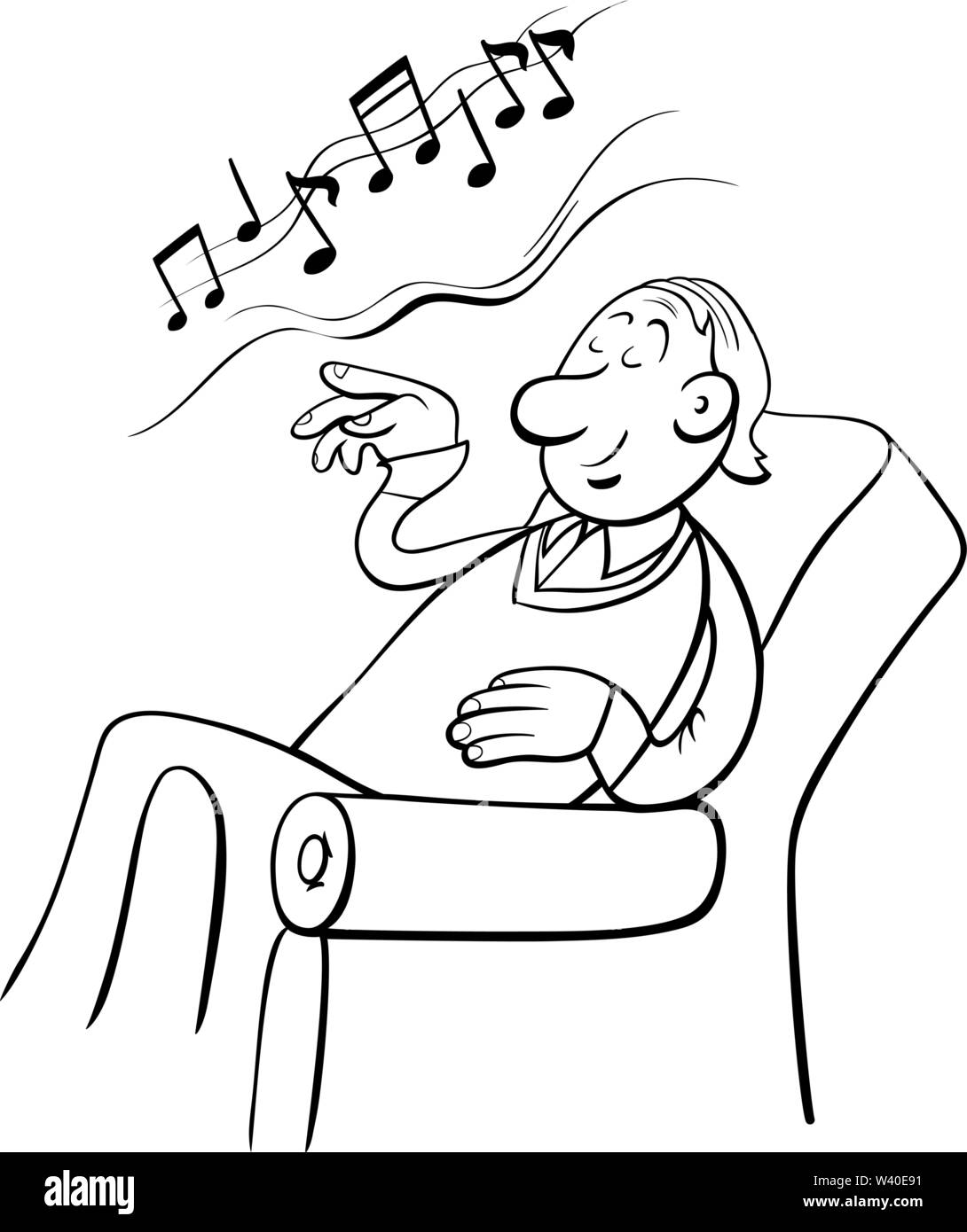 Cartoon noir et blanc illustration de l'homme amoureux de la musique en fauteuil Coloring Book Illustration de Vecteur