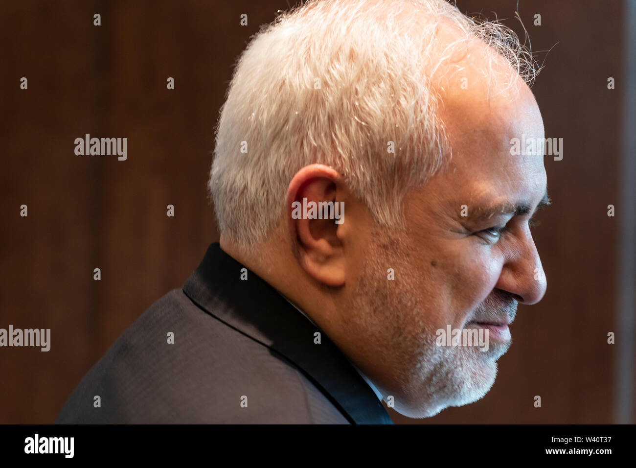 New York, NY - 18 juillet 2019 : Ministre des affaires étrangères iranien Mohammad Javad Zarif se réunit avec le Secrétaire général des Nations Unies, Antonio Guterres, au Siège des Nations Unies Banque D'Images