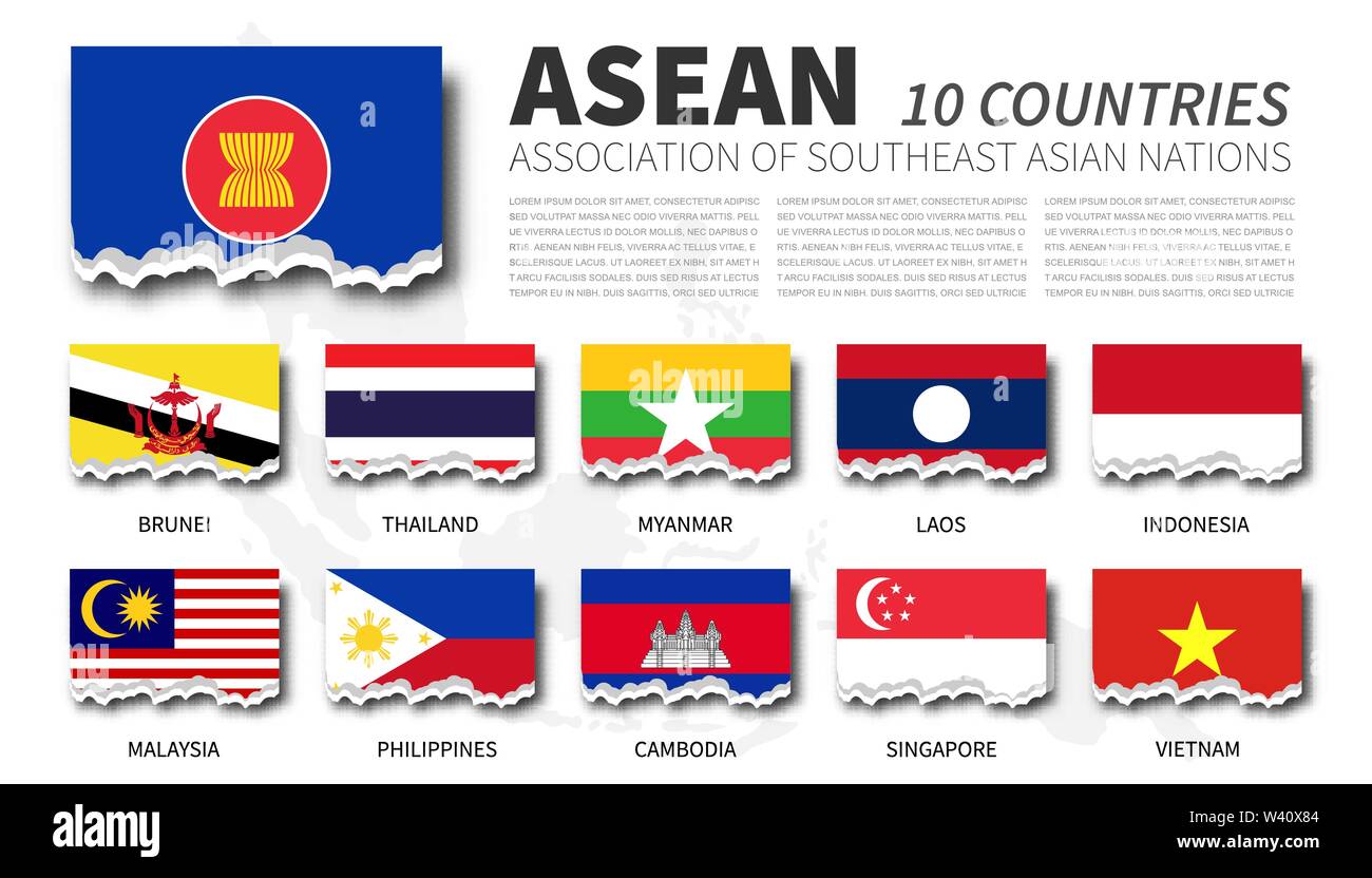 Drapeau de l'ASEAN (Association des nations d'Asie du Sud-Est ) et d'adhésion sur l'Asie du site contexte . Papier déchiré design . Vector . Illustration de Vecteur