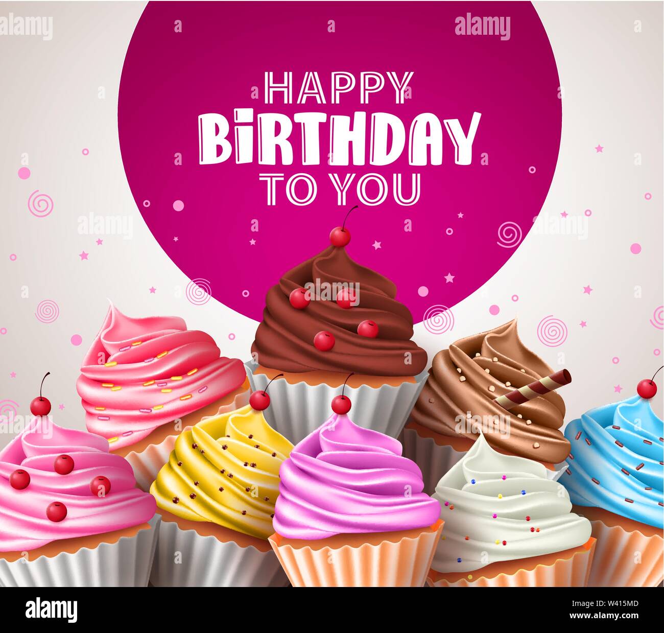 Cupcakes D Anniversaire Accueil Vecteur Conception Les Deserts De Boulangerie Cupcake Sprinkles Avec Dans Un Assortiment De Couleurs Et Joyeux Anniversaire Texte En Fond Blanc Image Vectorielle Stock Alamy