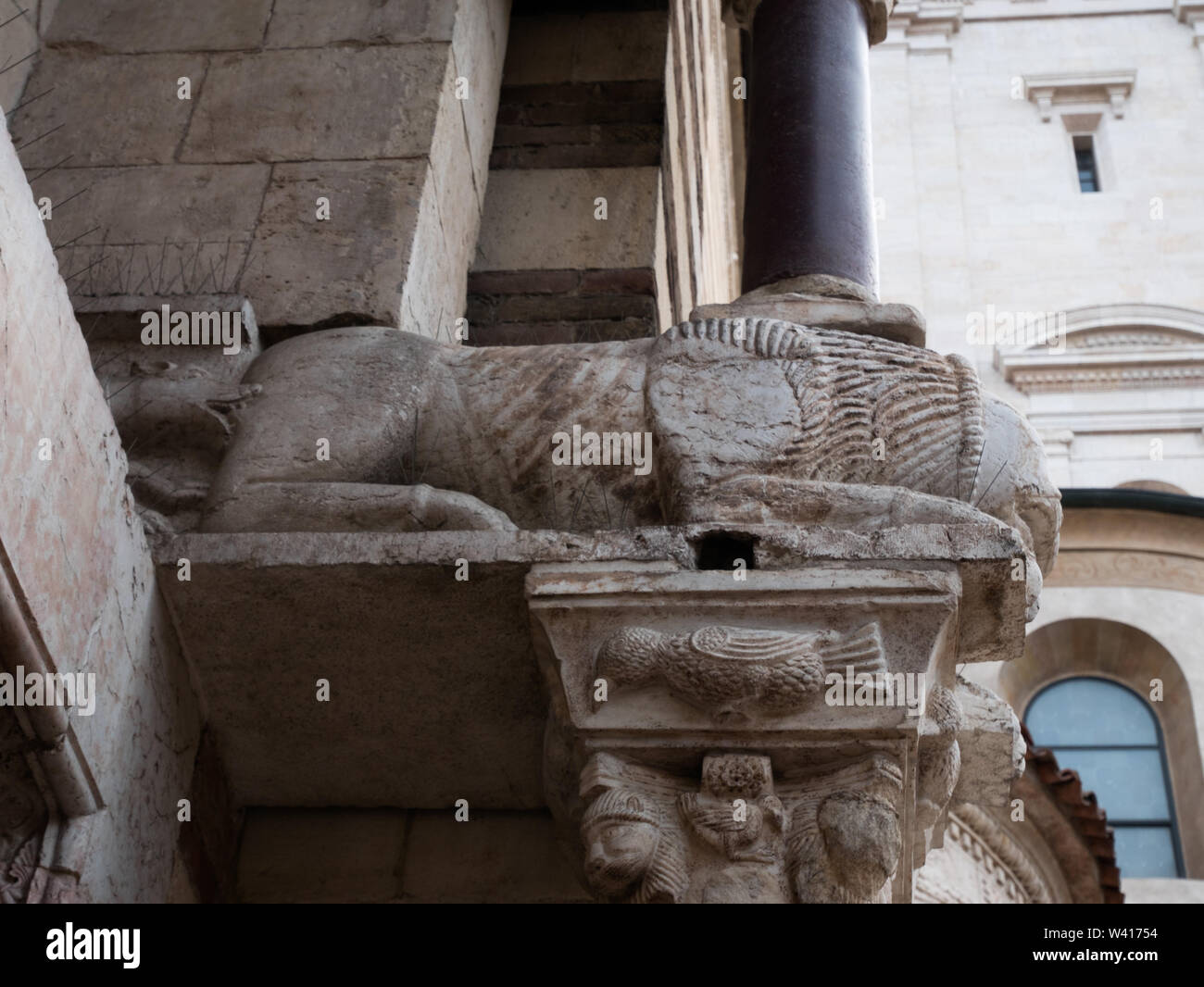 Cathédrale de Vérone, l'architecture romane en marbre sculpté bestiaires avec Banque D'Images