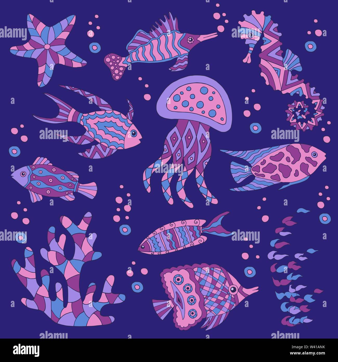 Peint et dessiné à la main Ensemble de poissons de mer, mer, coraux, algues, méduses, hippocampes sur fond bleu foncé Illustration de Vecteur