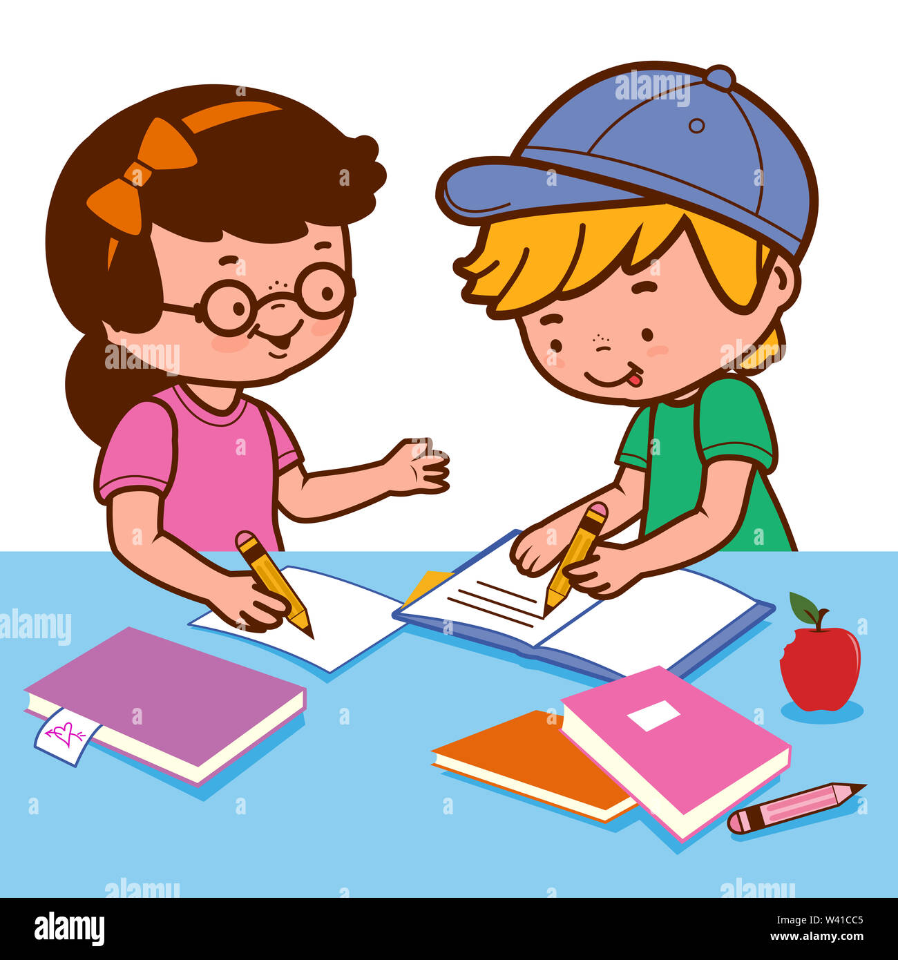 Illustration d'une fille et un garçon de jeunes étudiants assis sur un bureau et faire leurs devoirs. 24 est pleine de livres et de notes. Banque D'Images
