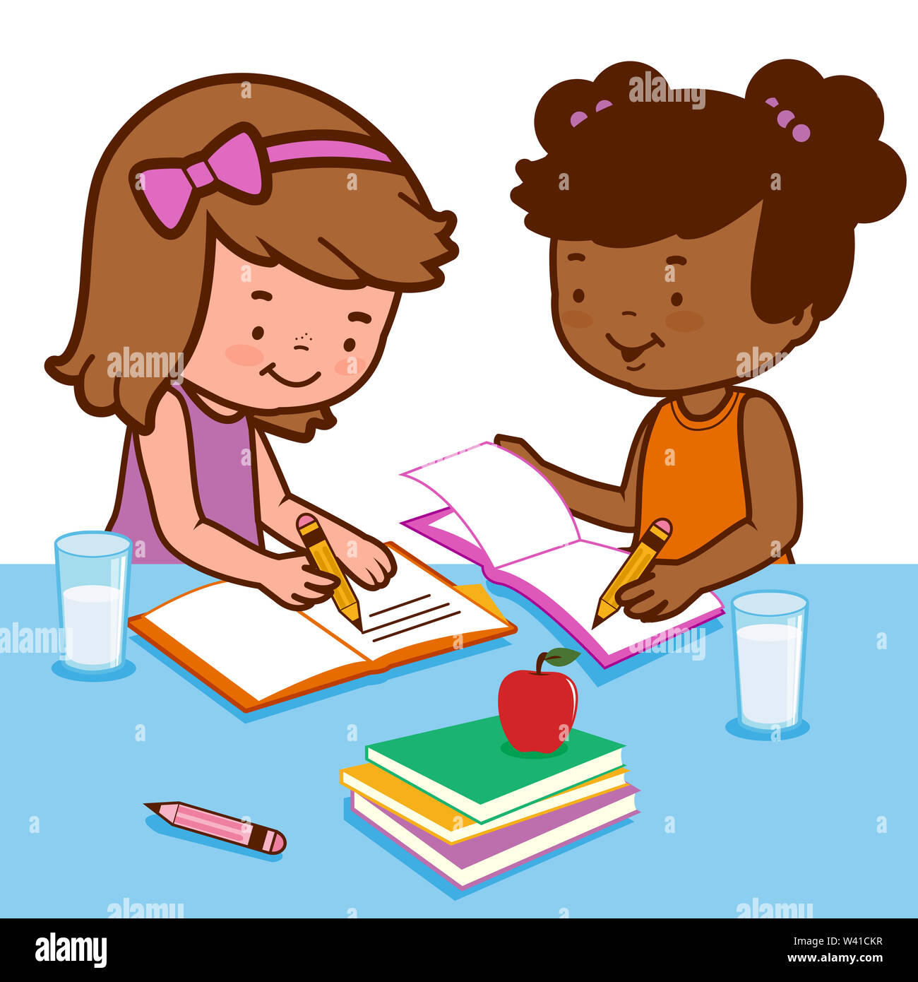 Illustration de deux filles assis sur un bureau et faire leurs devoirs. 24 est pleine de livres et de notes. Banque D'Images