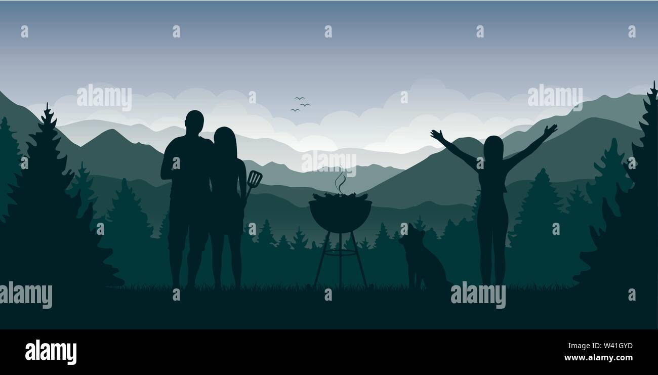 Barbecue entre amis avec vue sur la montagne verte EPS10 vector illustration Illustration de Vecteur