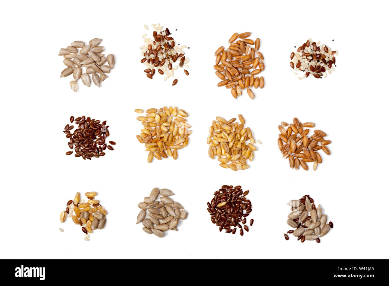 Collecte de céréales et graines de lin -, maïs, blé, graines de tournesol, sésame, seigle, orthographiés ; l'avoine Banque D'Images