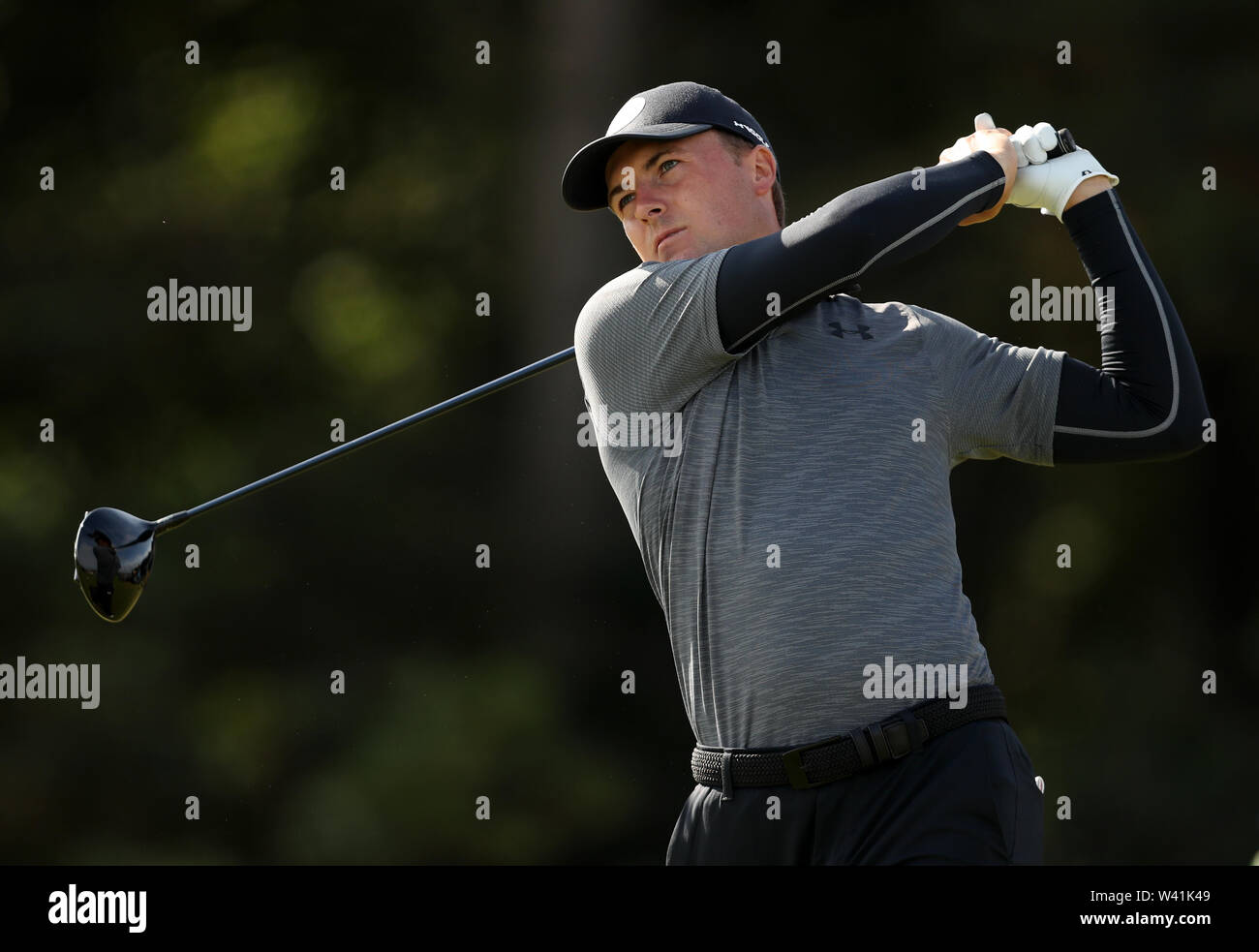 USA's Jordan Spieth sur le 5ème tee durant la journée deux de l'Open Championship 2019 au Club de golf Royal Portrush. Banque D'Images