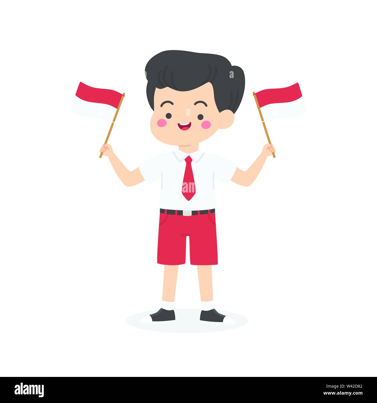 L'école primaire indonésienne Cute Boy étudiant avec l'uniforme rouge et blanc tenant un drapeau, le jour de l'indépendance de l'Indonésie Cartoon Vector Illustration Illustration de Vecteur