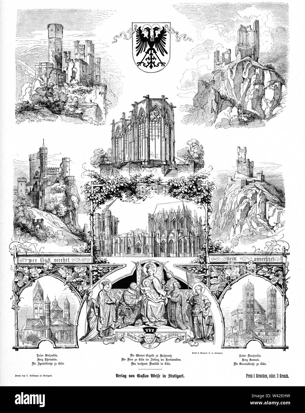 Woodcut Kaspar Scheuren, châteaux et églises, Holzschnitt Kaspar Scheuren, Burgen und Kirchen Bilderbogen Banque D'Images