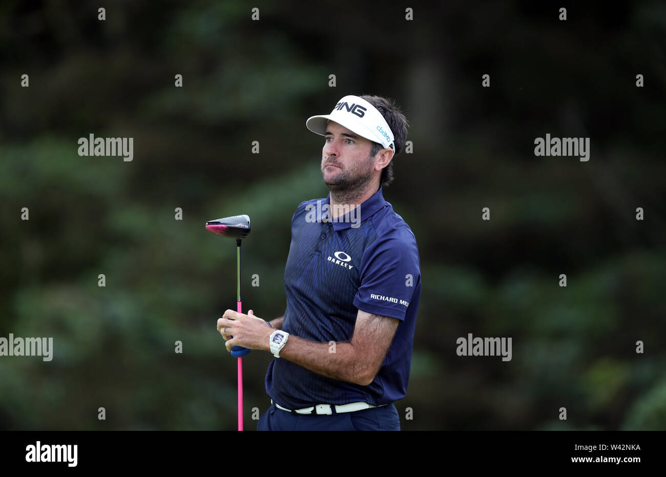 USA's Bubba Watson tees au large de la 5e au cours de la deuxième journée de l'Open Championship 2019 au Club de golf Royal Portrush. Banque D'Images