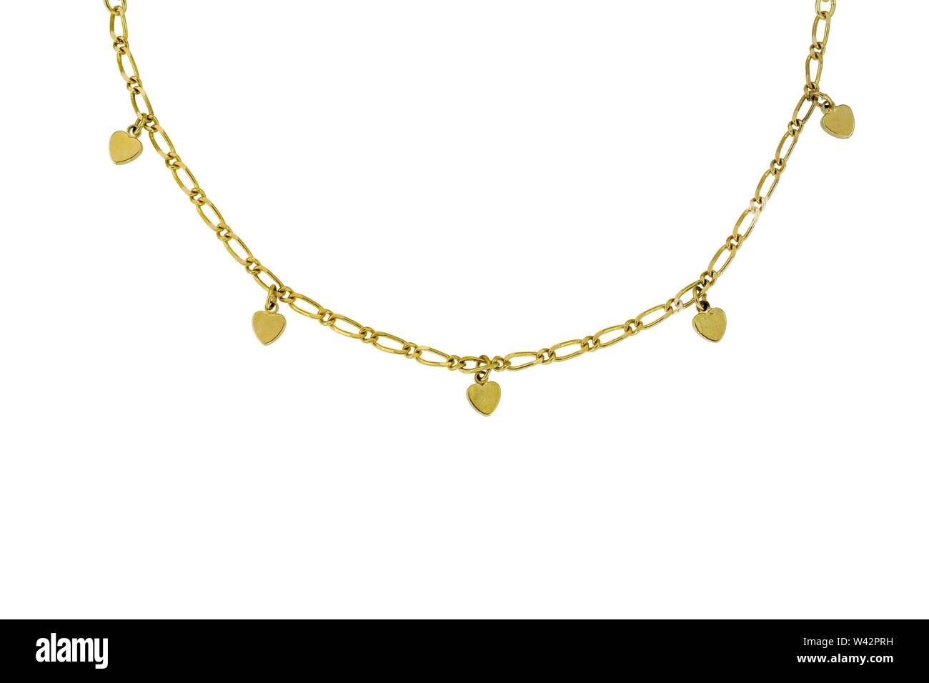 Ce collier de chaîne d'or jaune est en fil métallique rond et ovale et liens a coeur charms se balançant d'elle. Le collier est constitué d'une demi-ronde Banque D'Images