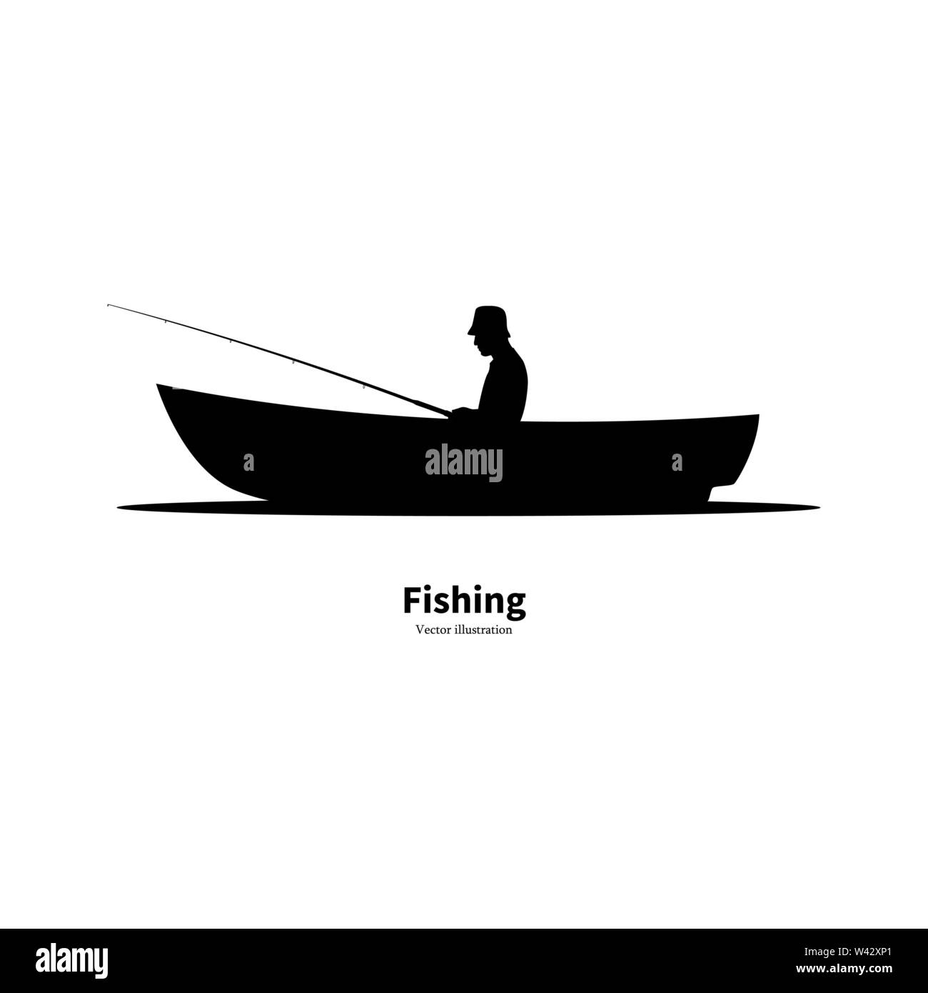 Silhouette noire d'un pêcheur assis dans un bateau Illustration de Vecteur