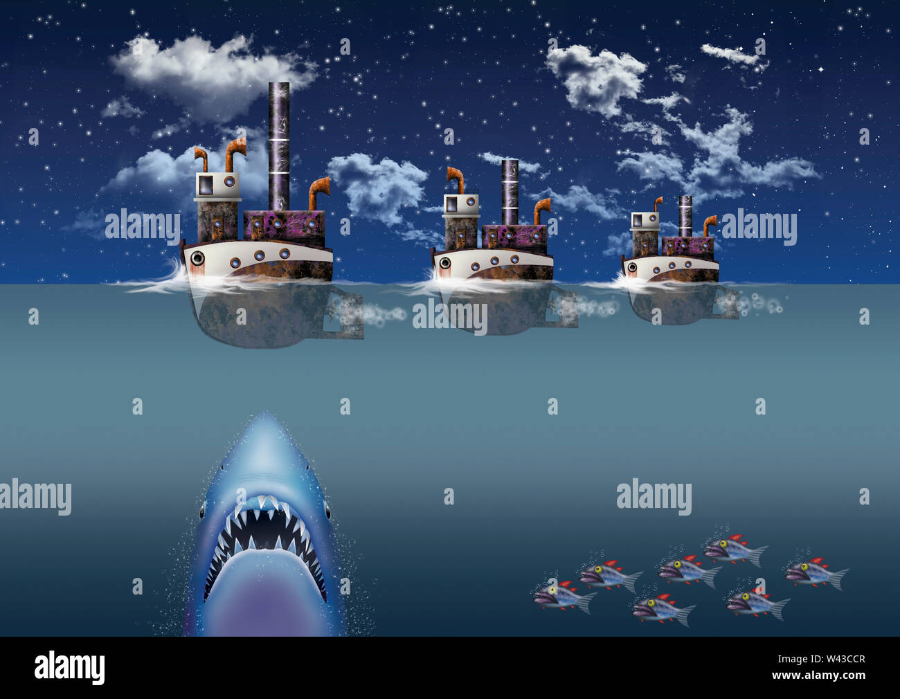 Tous en mer. Pompes à vapeur "montrant" en haute mer, dans diverses situations. Celui-ci est sur le point d'être avalé par un grand requin blanc. Banque D'Images