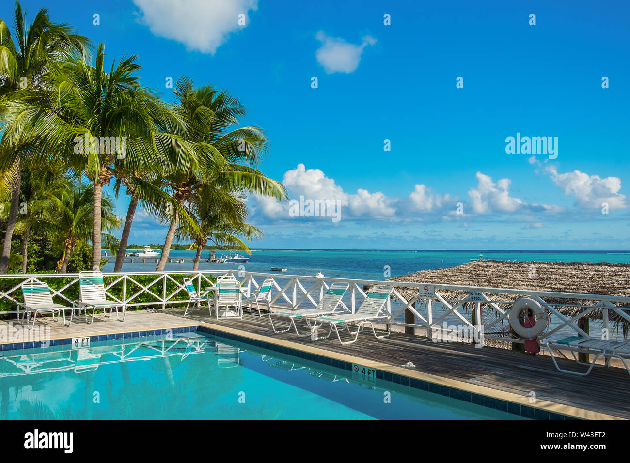 La petite Caïman, Îles Cayman, Nov 2018, le Club Lambi piscine avec vue sur la mer des Caraïbes sur South Hole Sound Banque D'Images