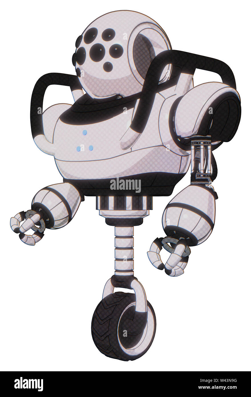 Contenant des éléments : Automate tête ronde, bug eye, le haut de la poitrine lourde, triangle de leds bleues, monocycle de roue. Matériau : demi-teinte blanc toon. Banque D'Images