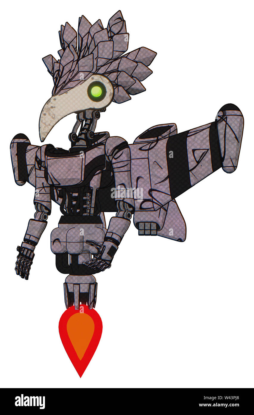 Contenant des éléments automate : bird skull head, les yeux verts, plume d'oiseau design, lumière, exoshielding poitrine poitrine ultra-léger exosuit jet stellaire, aile. Banque D'Images