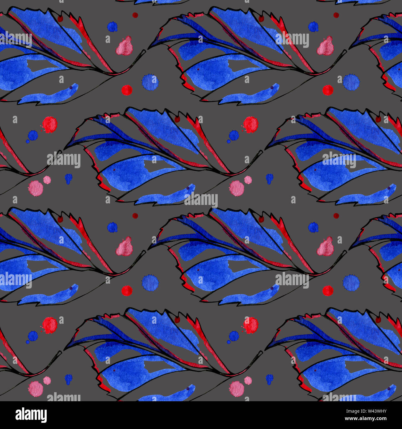 Modèle sans couture à l'aquarelle les feuilles d'automne. Peint à la main avec noir, bleu et rouge avec de l'encre rouge et bleu gouttes dans l'arrière-plan. Objets isolés Banque D'Images Modèle sans couture à l'aquarelle les feuilles d'automne. Peint à la main avec noir, bleu et rouge avec de l'encre rouge et bleu gouttes dans l'arrière-plan. Objets isolés Banque D'Images