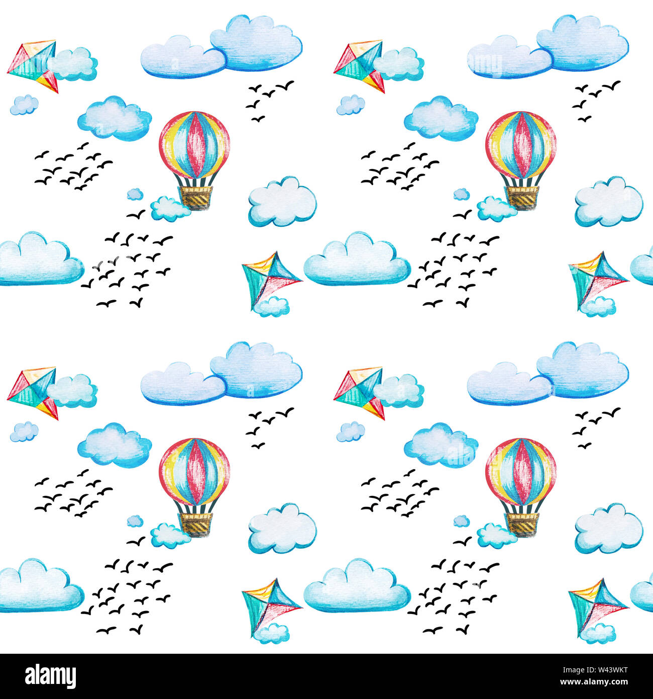 Modèle transparent avec un ballon et un cerf-volant. Dessin aquarelle illustration avec vols d'oiseaux et des nuages sur un fond blanc. L'aéronautique est un ho Banque D'Images