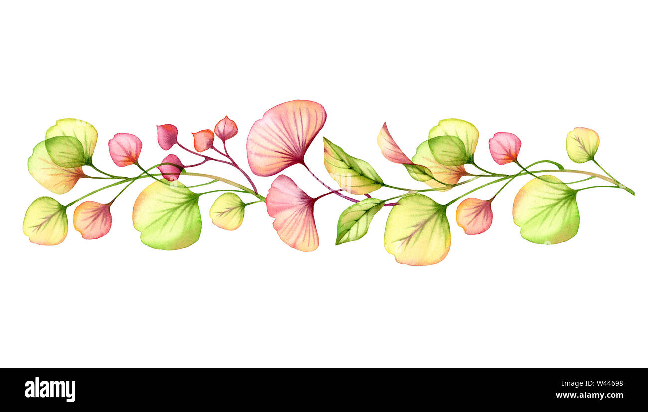 Arrangement floral transparent aquarelle peinte à la frontière de petits fruits, feuilles, branches en rose pastel, corail rouge orange vert jardin botanique Banque D'Images