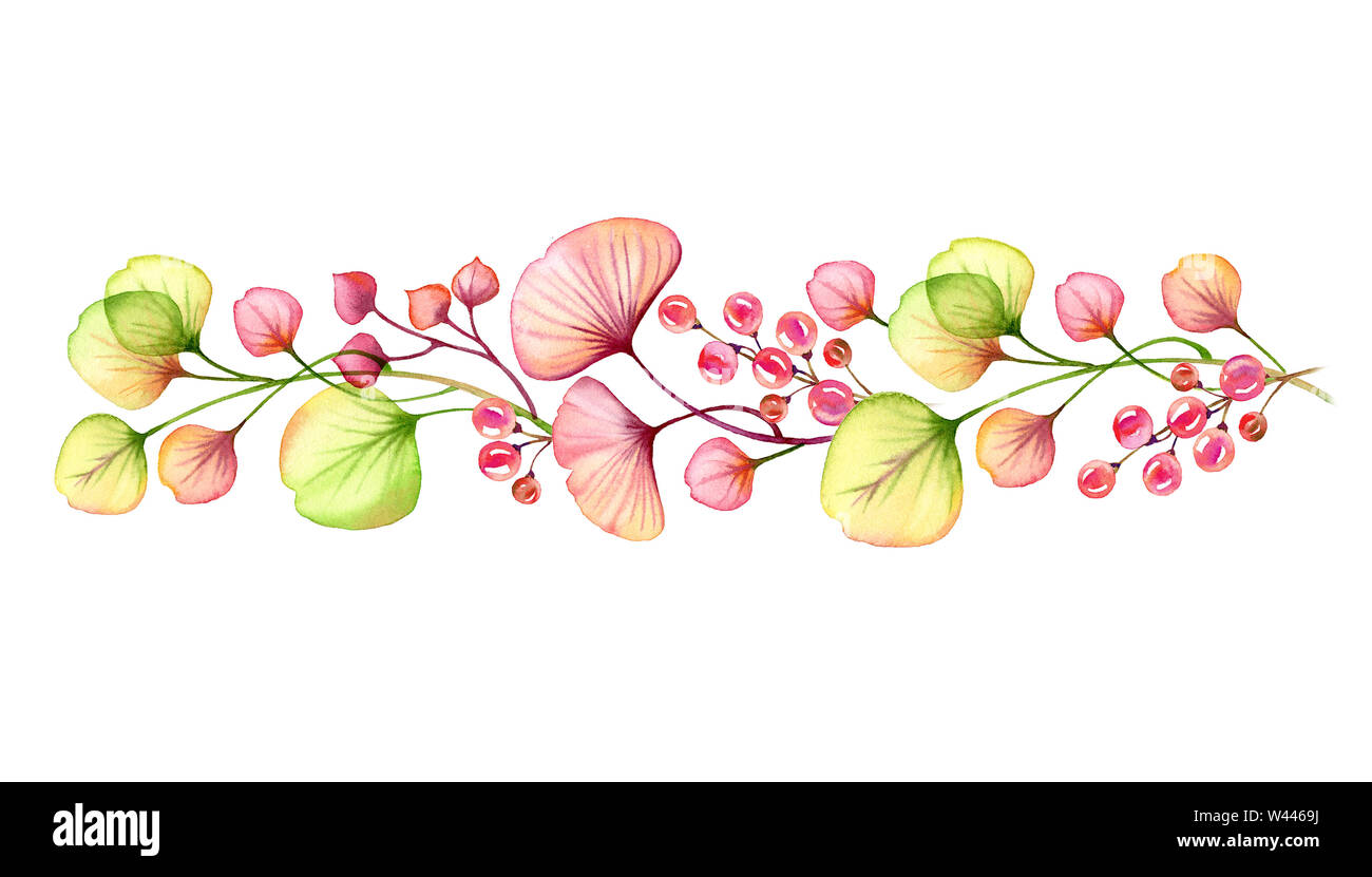 Arrangement floral Transparent aquarelle isolé sur blanc de baies, feuilles, branches en rose pastel, corail rouge orange vert jardin botanique Banque D'Images