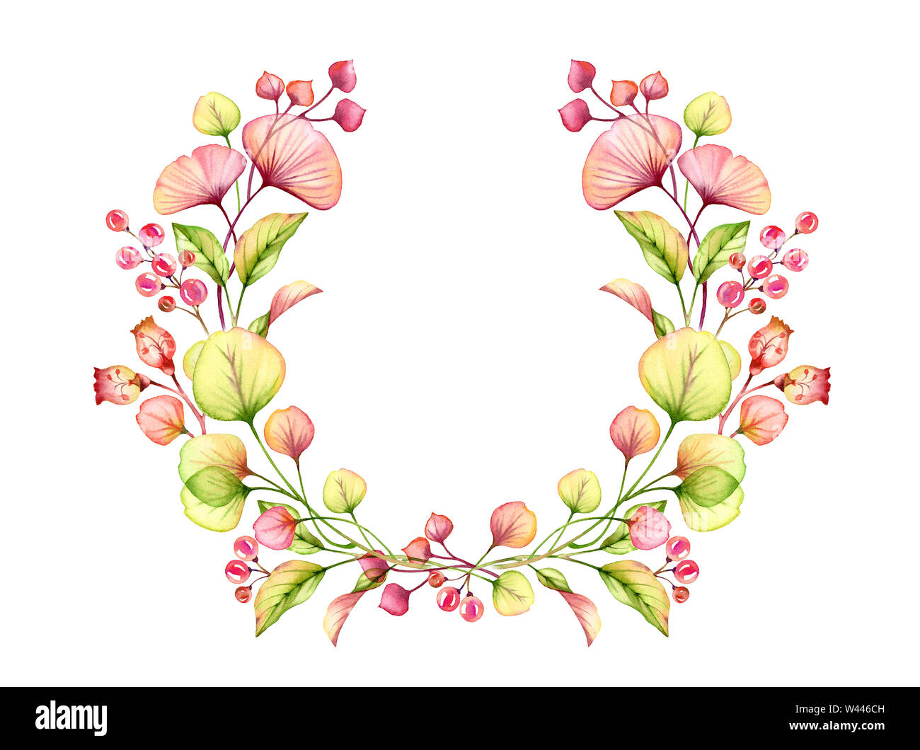 Arrangement floral Transparent aquarelle couronne ronde de petits fruits, feuilles, branches en rose pastel, corail rouge orange vert illustration botanique Banque D'Images