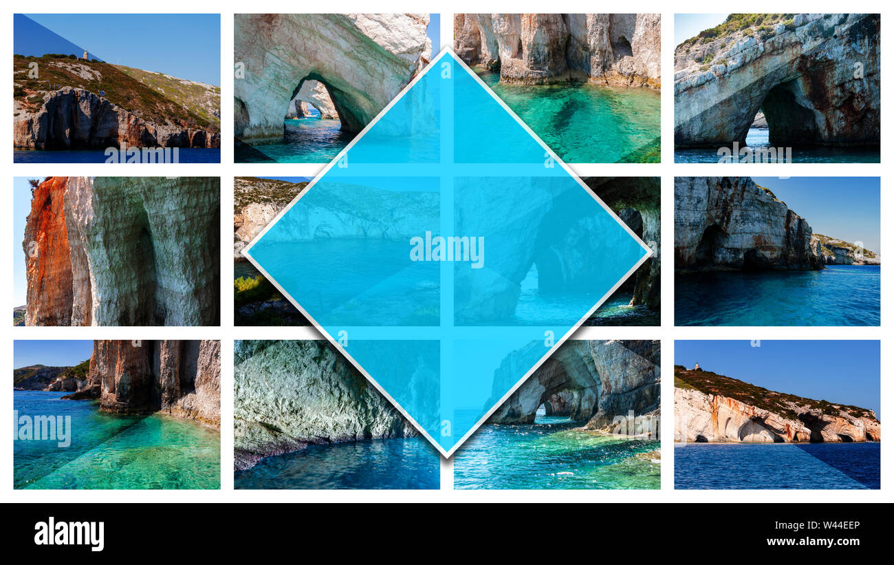 Collage de photos l'île de Zakynthos - Grèce, dans le 16:3 format vertical. Une perle de la Méditerranée avec plages et côtes adapté pour séjour inoubliable Banque D'Images