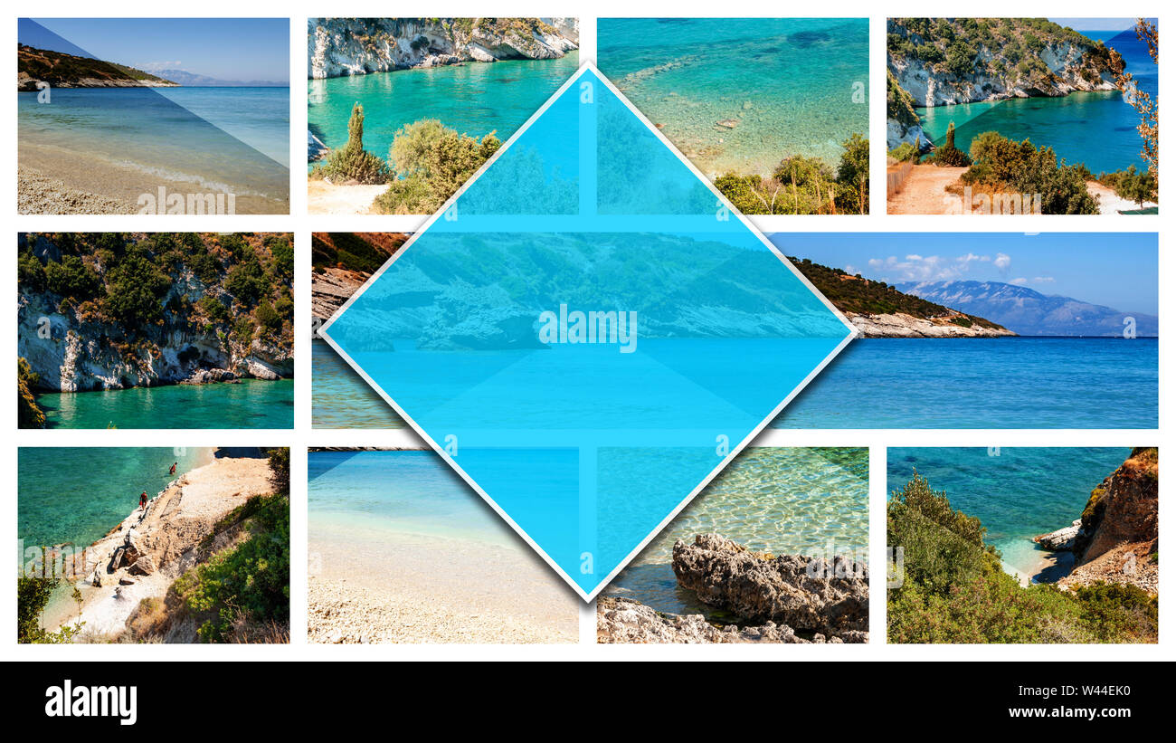 Collage de photos l'île de Zakynthos - Grèce, au format 16:9. Une perle de la Méditerranée avec plages et côtes convient pour des vacances inoubliable sur la mer Banque D'Images