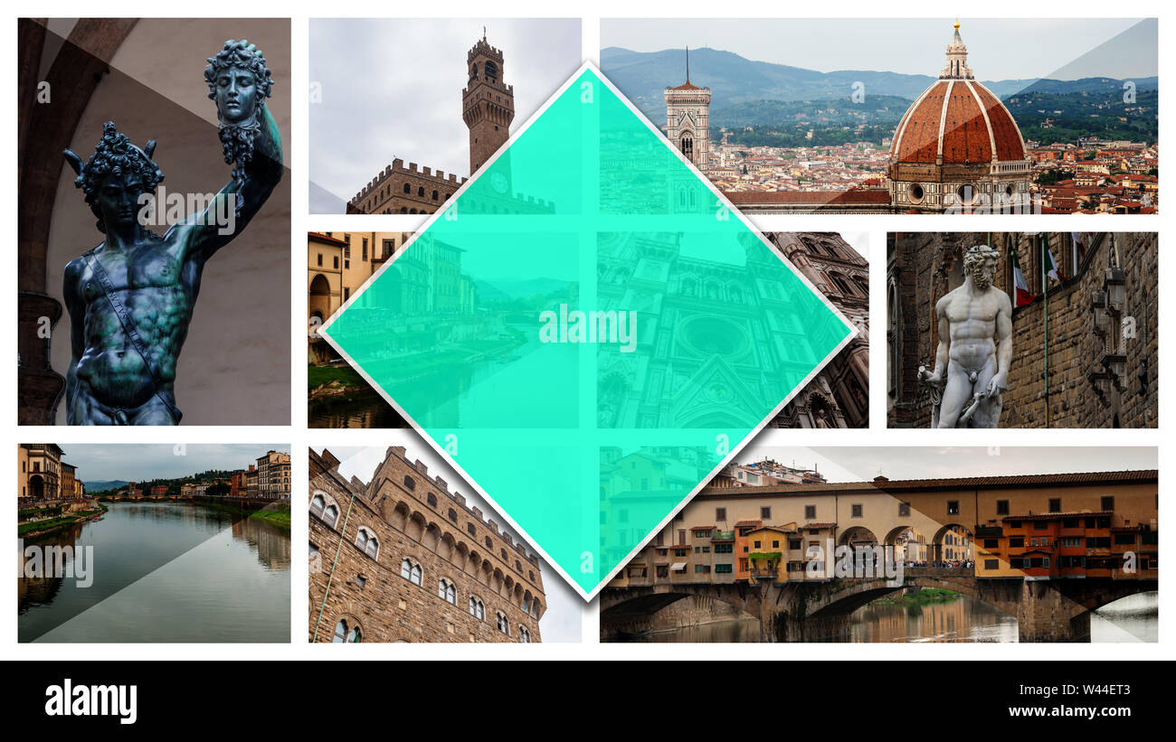 Collage photos de Florence, Italie, en format 16 : 9. Patrimoine de l'UNESCO et le siège de la Renaissance italienne, riche en monuments et œuvres d'art. Banque D'Images