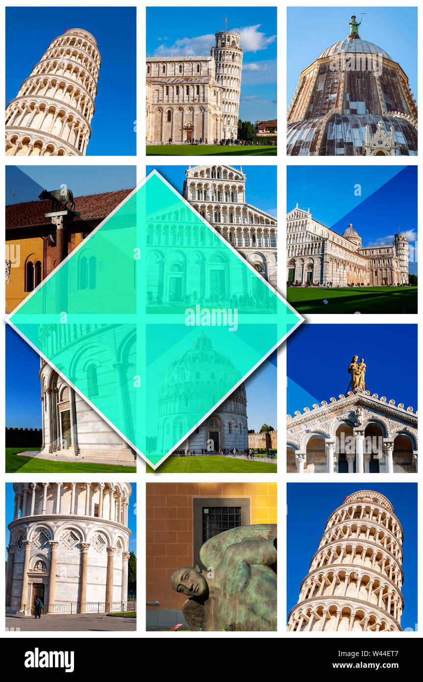Collage photos de Pise - Italie, en format 2:3. Avec la Tour de Pise sur la Piazza dei Miracoli. UNESCO world célèbre site, situé dans la Toscane Banque D'Images