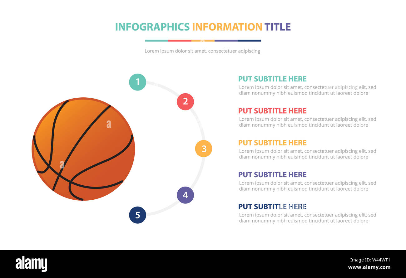 Basket-ball infographic template concept avec cinq points liste et différentes couleurs, lignes modernes fond blanc - vector illustration Banque D'Images