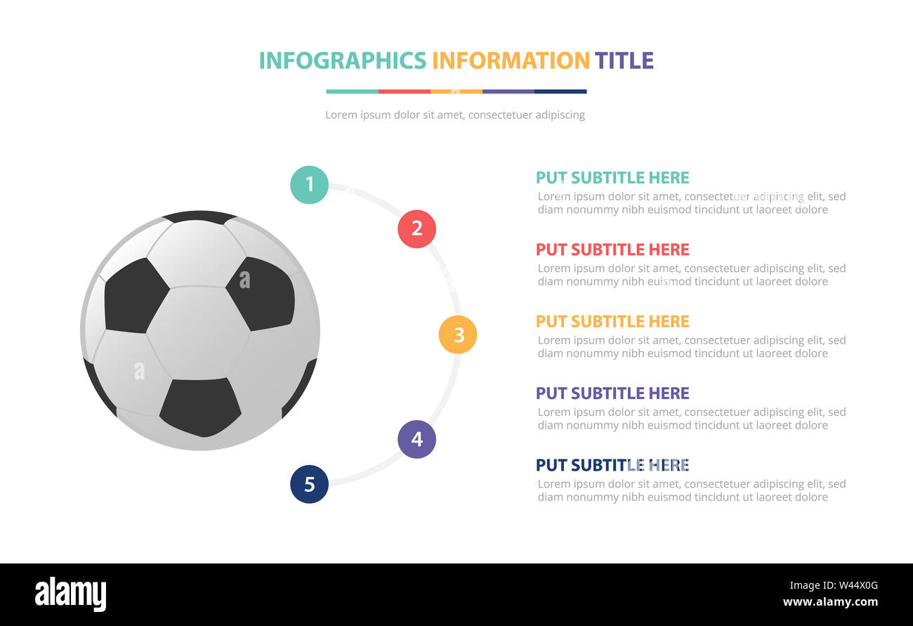 Football soccer ball infographic template concept avec cinq points liste et différentes couleurs, lignes modernes fond blanc - vector illustration Banque D'Images Football soccer ball infographic template concept avec cinq points liste et différentes couleurs, lignes modernes fond blanc - vector illustration Banque D'Images