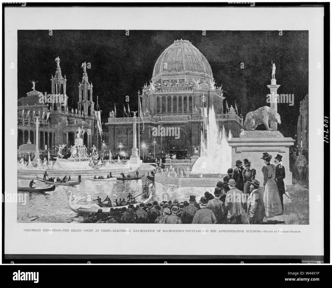 Columbian Exposition-le grand court-circuit électrique de nuit l'éclairage des MacMonnies's fountain et le bâtiment de l'administration - dessiné par Charles Graham. Banque D'Images