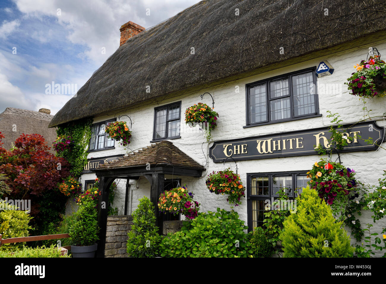 Jardin de devant de la White Hart Inn Pub et en Angleterre Wiltshire Wroughton avec bâtiment en pierre blanchie à la chaux et d'un toit de chaume Banque D'Images