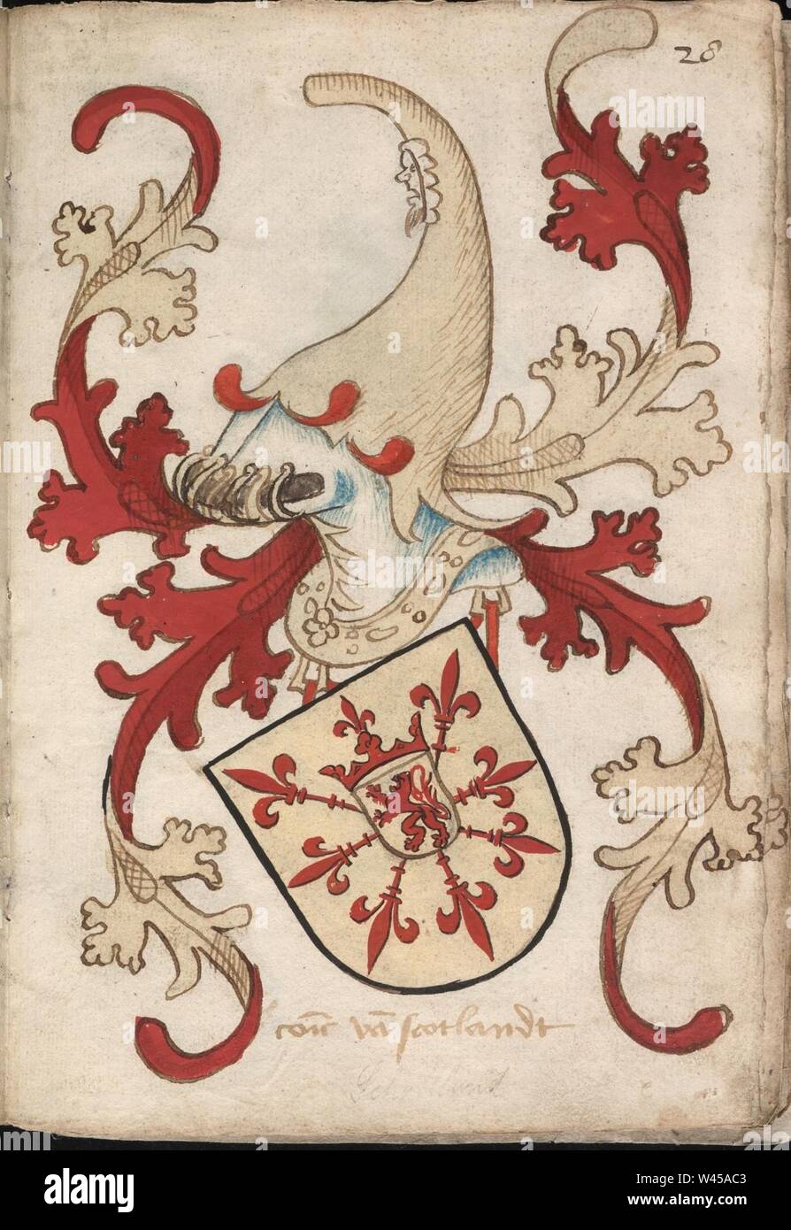 Coninc van Scotlandt - koning van Schotland - roi d'Ecosse - Wapenboek Nassau-Vianden - KB 1900 UN 016, folium 28r. Banque D'Images