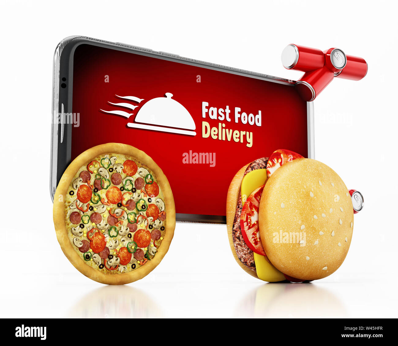 Hamburger et pizza monté smartphone avec livraison de restauration rapide du texte. 3D illustration. Banque D'Images