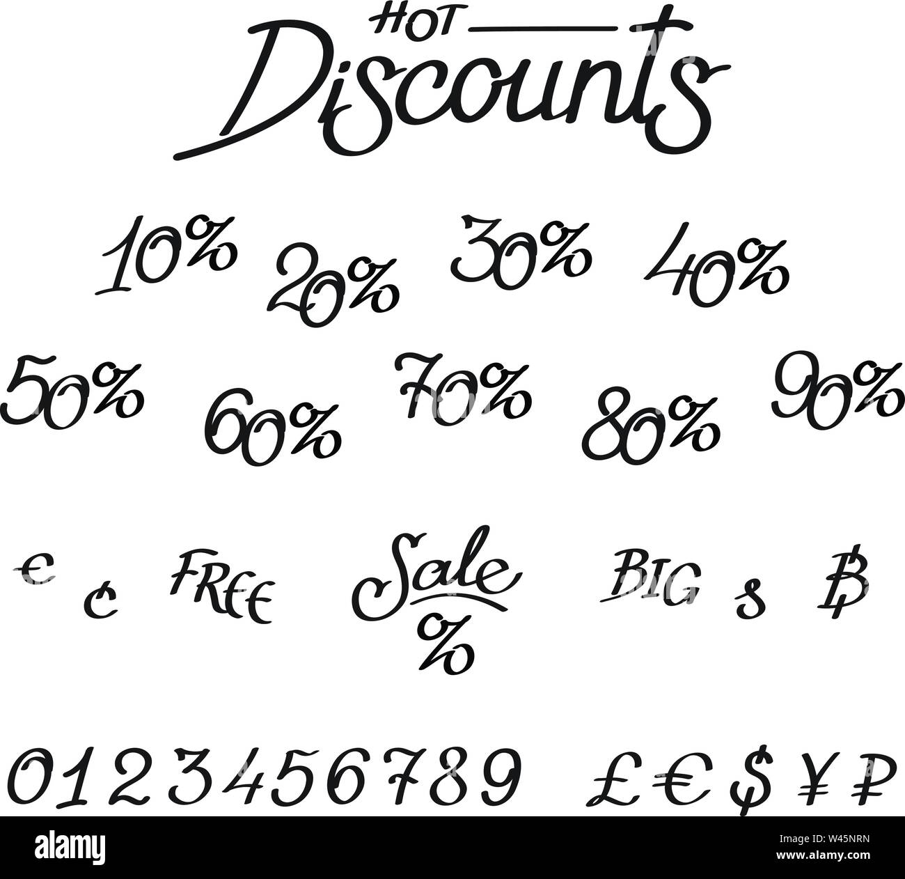 Un ensemble de promotions, les chiffres, les signes de devise. Lettrage, vecteur de la calligraphie. Une inscription pour les boutiques et de prix. Les signes de devise. Les tailles de disco Illustration de Vecteur