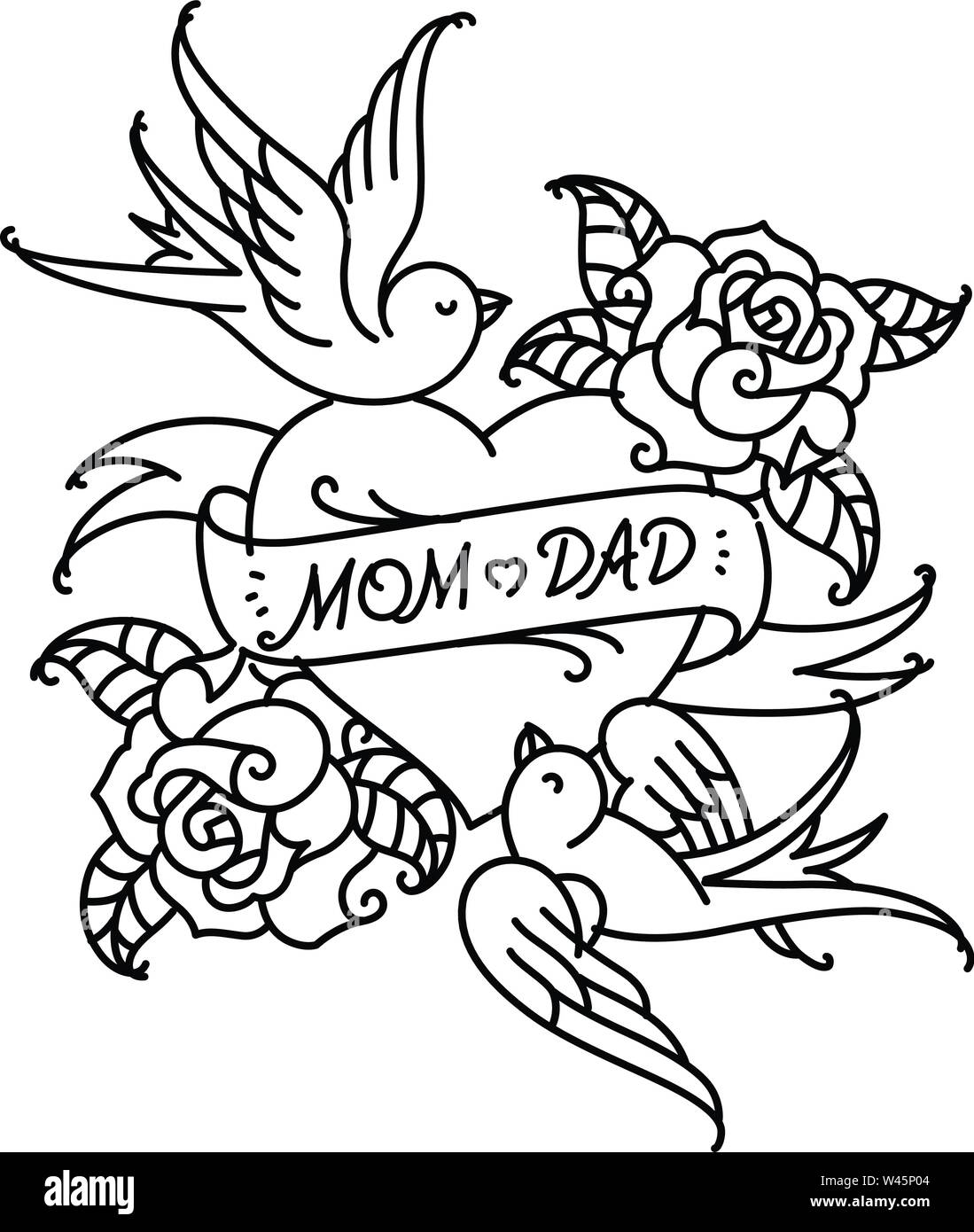 Les tatouages avec l'inscription de maman et papa. Deux coeurs avec une fleur et un oiseau. Vector télévision tattoo. Félicitations pour les parents avec un anniversaire. Illustration de Vecteur
