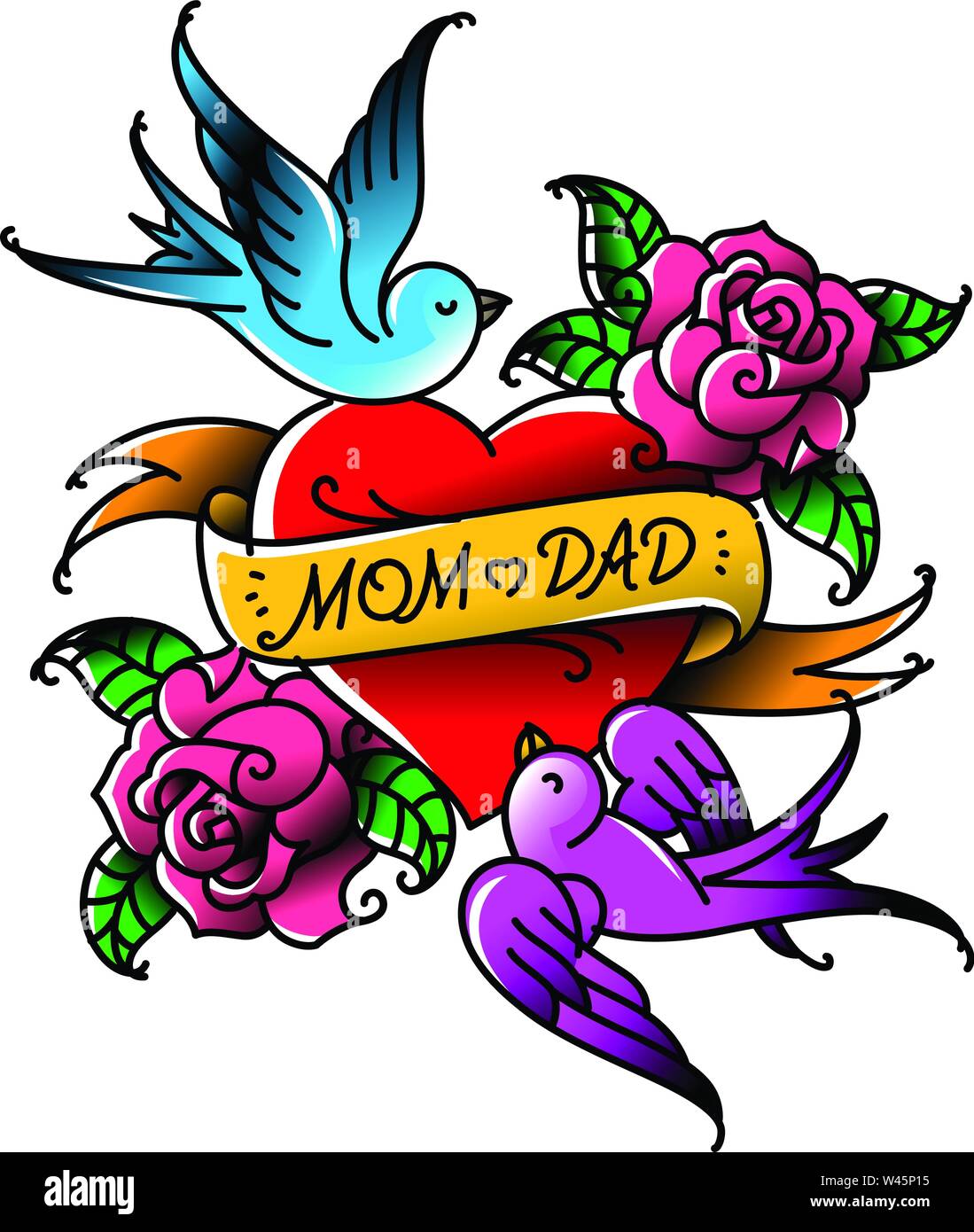 Les tatouages avec l'inscription de maman et papa. Deux coeurs avec une fleur et un oiseau. Vector télévision tattoo. Félicitations pour les parents avec un anniversaire. Illustration de Vecteur