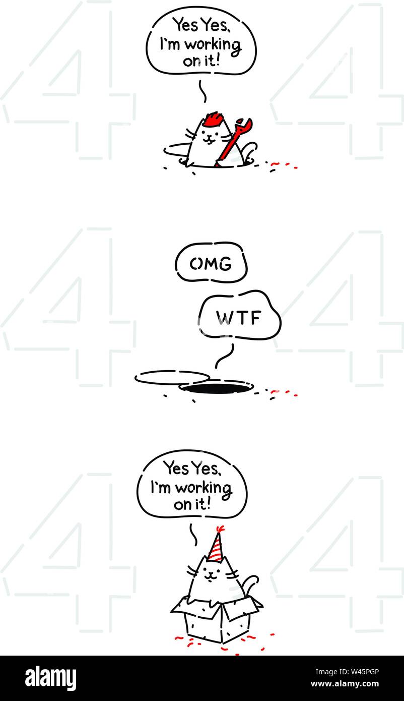 Cartoon chat drôle à la page 404. Télévision vecteur illustration. Le personnage est isolé sur un fond blanc. Caractère du chat pour la page erreur 404. Funn Illustration de Vecteur