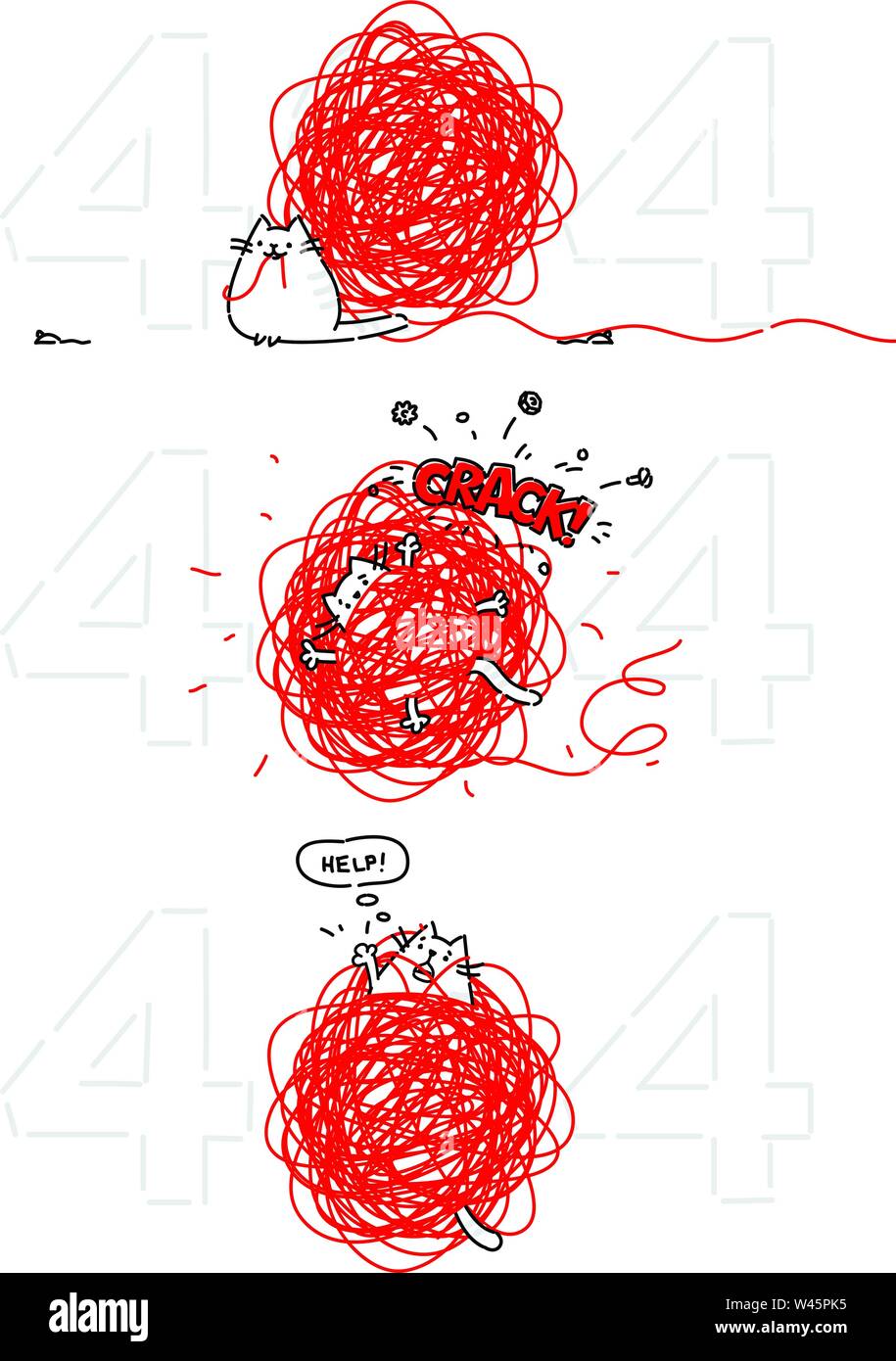 Cartoon chat drôle à la page 404. Télévision vecteur illustration. Le personnage est isolé sur un fond blanc. Chat avec une boule de fils et d'une souris. Funn Illustration de Vecteur