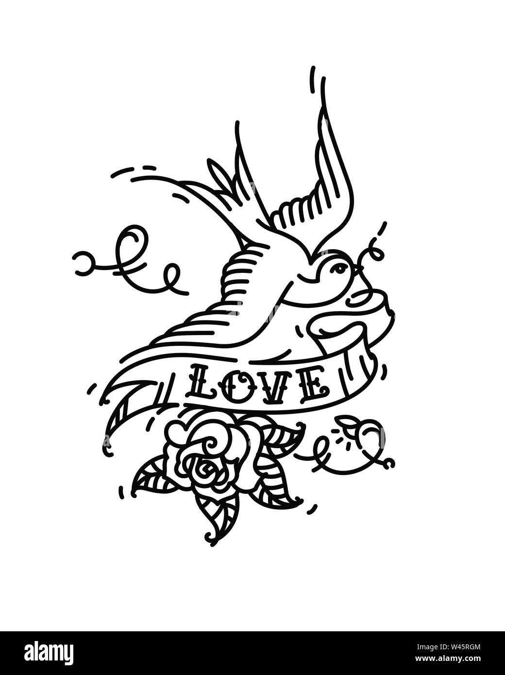 Hirondelles de tatouage avec l'inscription de l'amour et un bouton de rose à partir de ci-dessous. Vector illustration. Tatouage d'une vieille école. Swift avec ruban et d'oiseaux Illustration de Vecteur