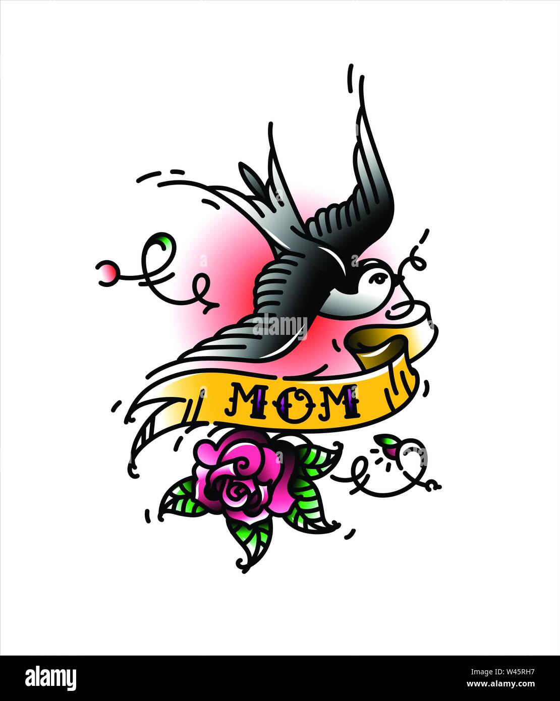 Un tatouage d'un oiseau à l'inscription de maman et un rosebud en bas.  Vector illustration. American Tattoo old school. Avaler des oiseaux avec  ruban Image Vectorielle Stock - Alamy