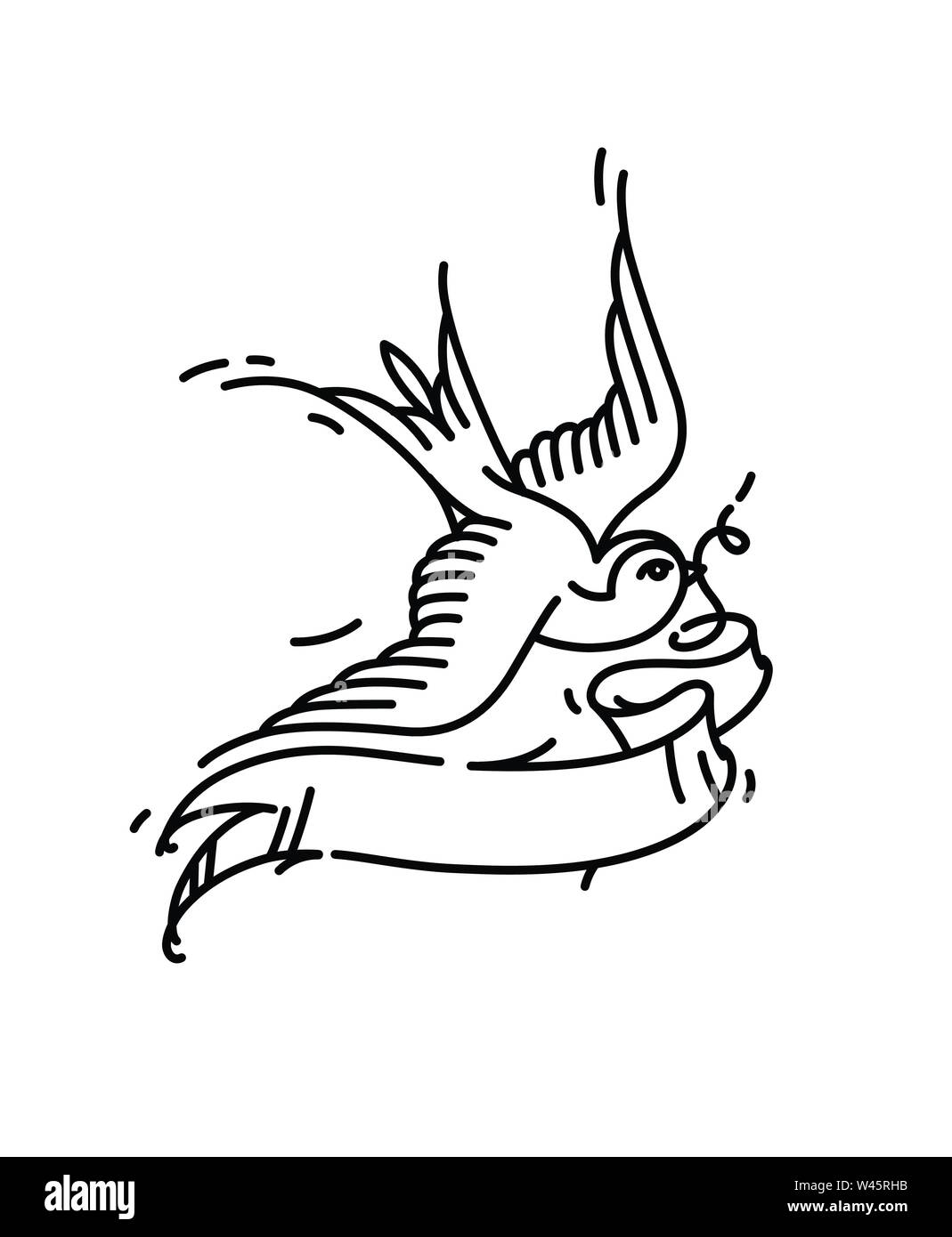 Tatouage d'un oiseau avale sans une inscription sur un ruban, et avec un bouton de rose à partir de ci-dessous. Vector illustration. Tatouage d'une vieille école. B Illustration de Vecteur