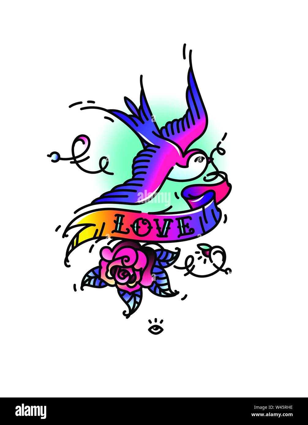 Hirondelles de tatouage avec l'inscription de l'amour et un bouton de rose à partir de ci-dessous. Vector illustration. Tatouage d'une vieille école. Swift avec ruban et d'oiseaux Illustration de Vecteur
