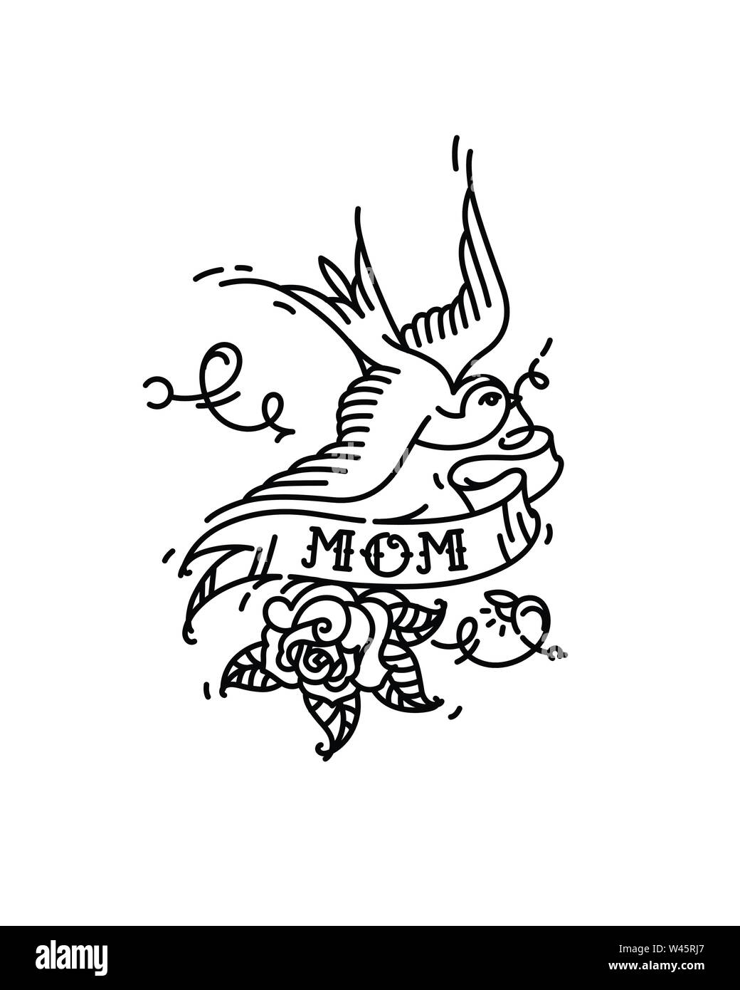 Un tatouage d'un oiseau à l'inscription de maman et un rosebud en bas. Vector illustration. American Tattoo old school. Avaler des oiseaux avec ruban Illustration de Vecteur