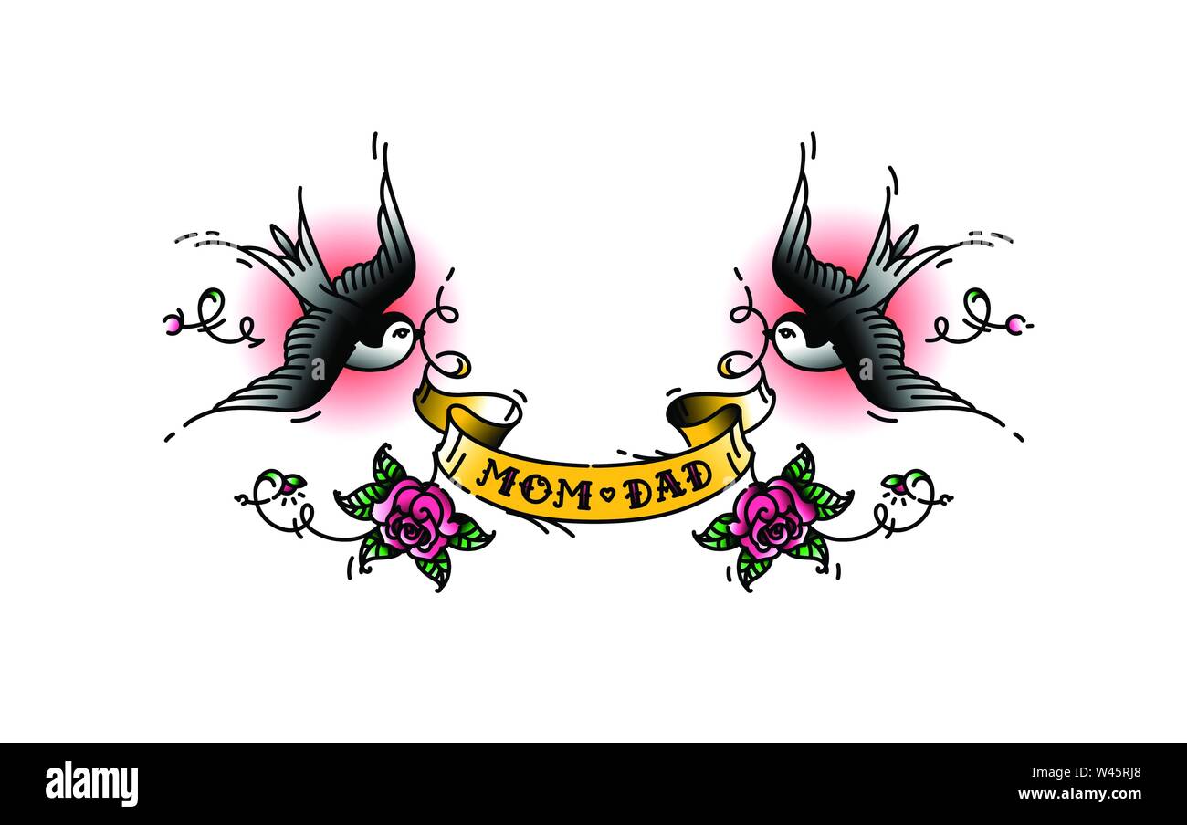 Hirondelles de tatouage avec l'inscription de maman papa sur bande. Vector illustration. Tatouage, American old school. Deux oiseaux hirondelles, roses et congratulatio Illustration de Vecteur