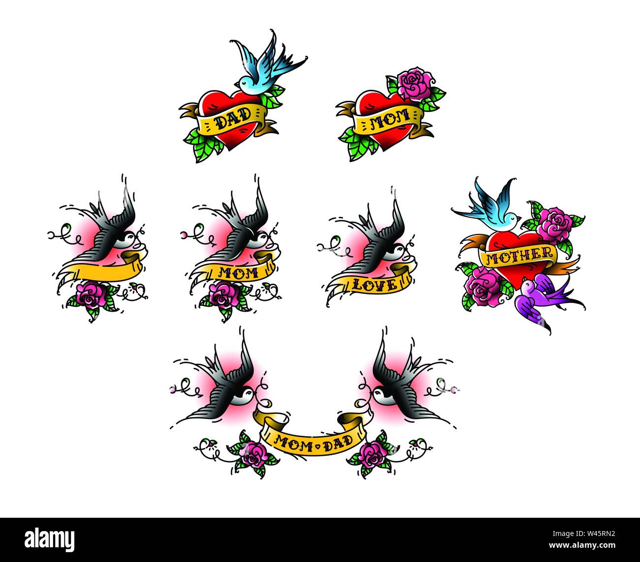 Hirondelles de tatouage avec l'inscription de maman papa sur bande. Vector illustration. Tatouage, American old school. Deux oiseaux hirondelles, roses et congratulatio Illustration de Vecteur